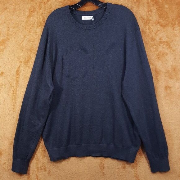 CALVIN KLEIN Sweater Mens Large Dark Gray Pullover Crew Knit Logo Cotton Blend - Picture 1 of 5